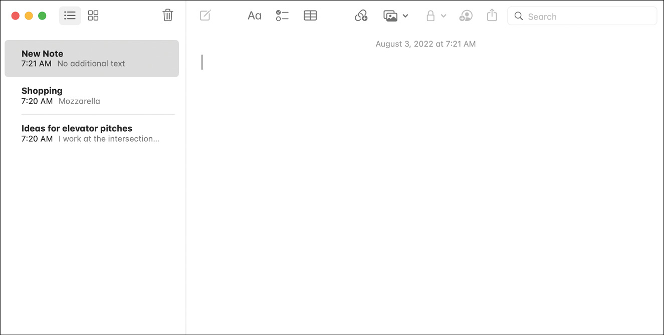 A screenshot of the Apple Notes app showing a blank note that's just been created.