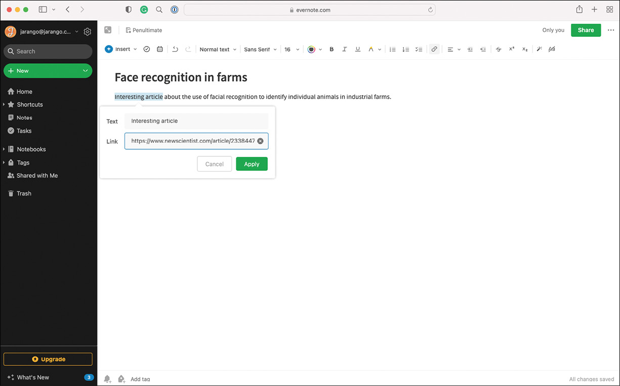 Evernote中的链接创建对话框。