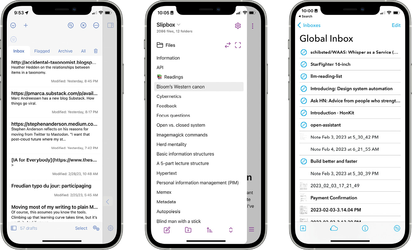 三个不同笔记应用程序的iPhone截图:Drafts、Obsidian和DEVONthink。