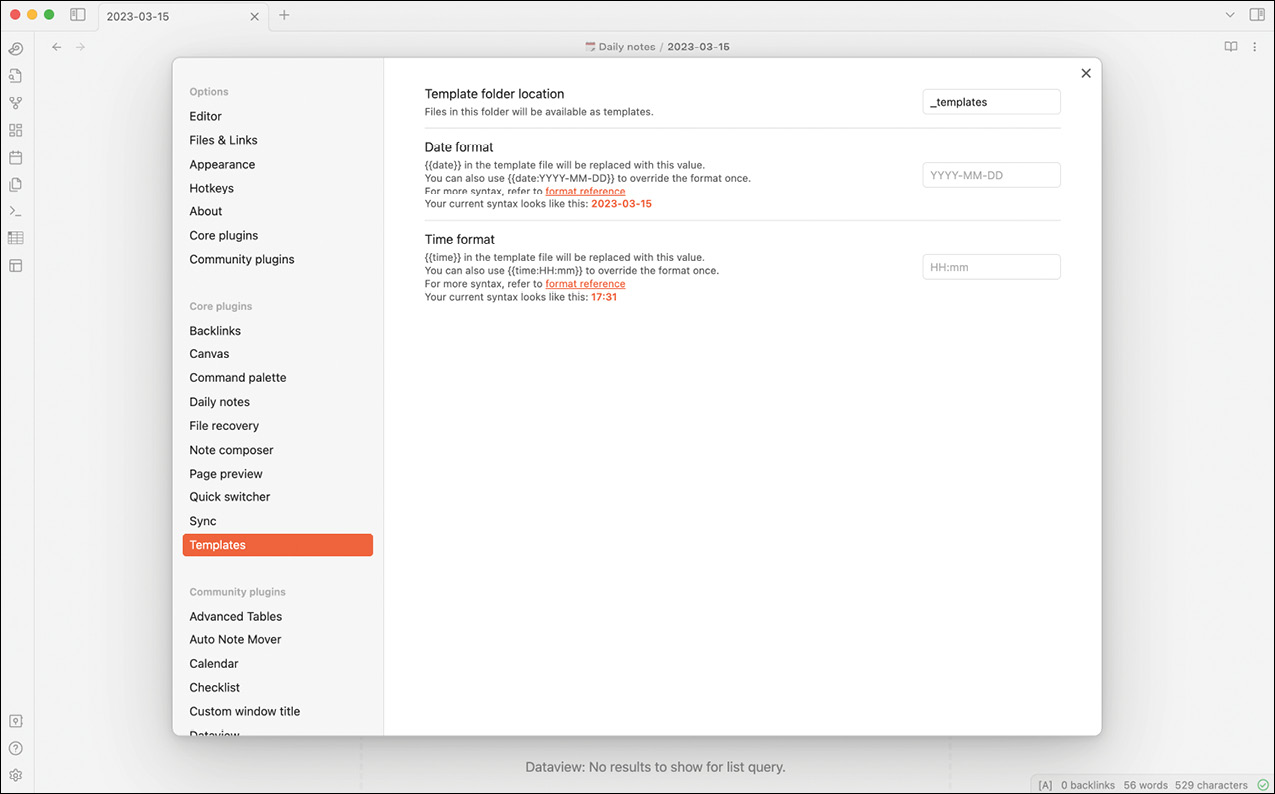Obsidian的Templates配置面板。