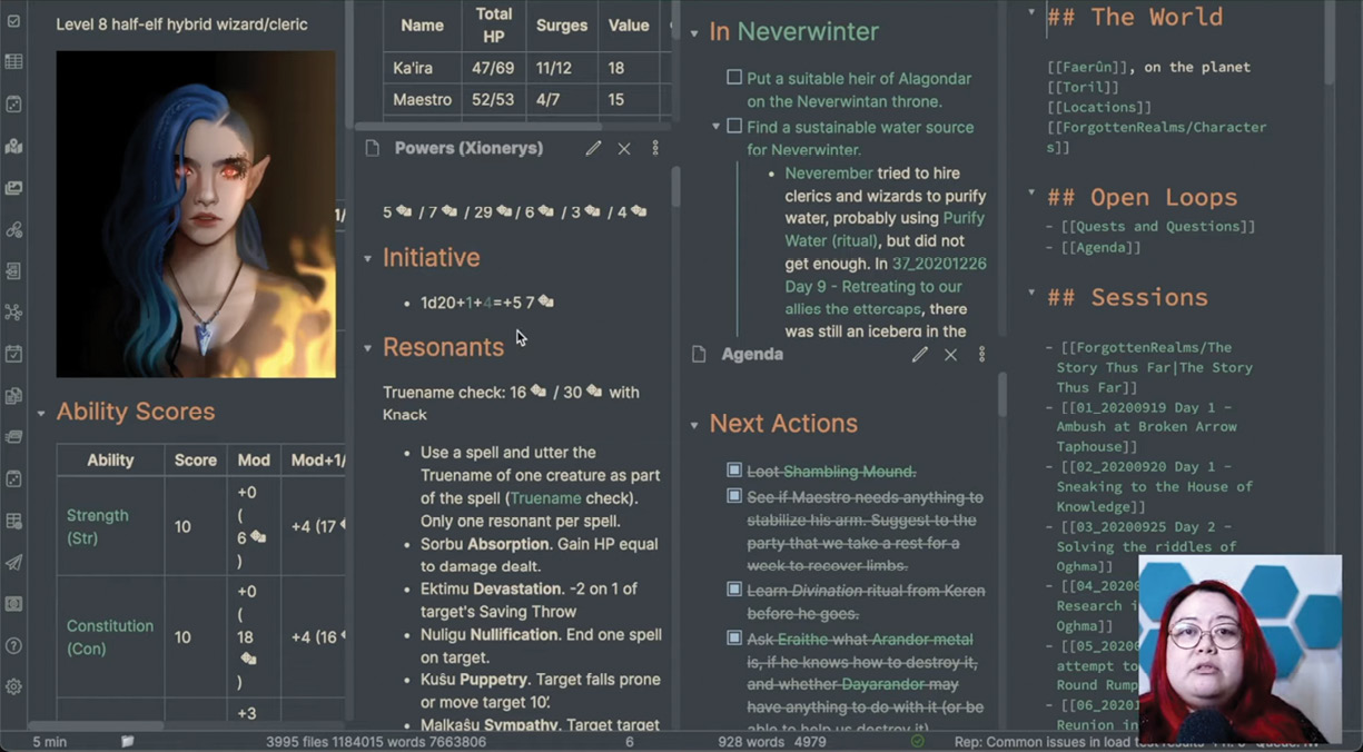 Nicole van der Hoeven的YouTube视频截图，显示了她的RPG游戏中的一个角色笔记