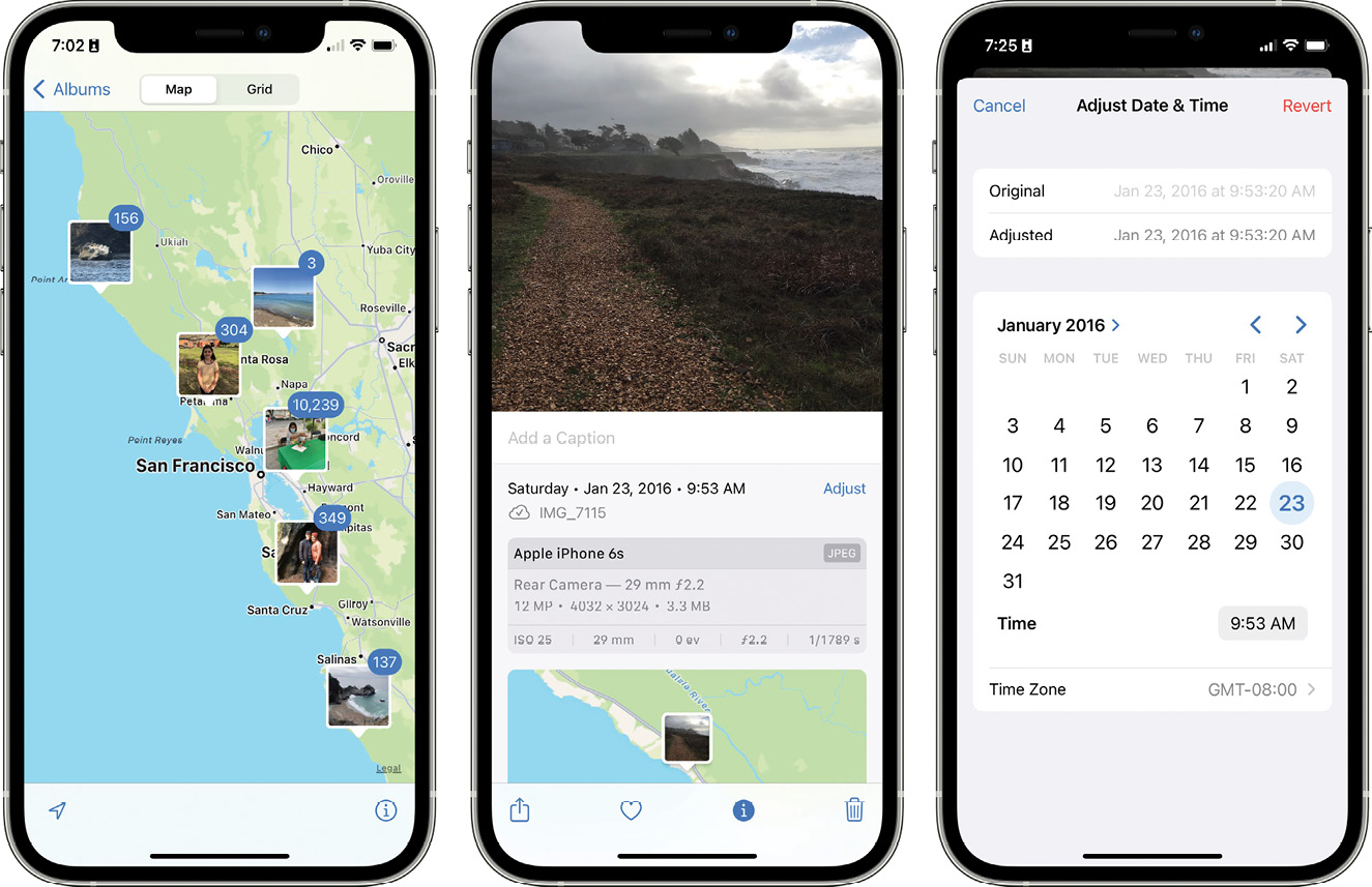 iPhone 照片应用的三个截图。第一个显示旧金山湾区的地图，上面有照片集群。第二个显示特定照片的元数据详细信息屏幕。第三个显示允许用户调整照片日期和时间的功能。