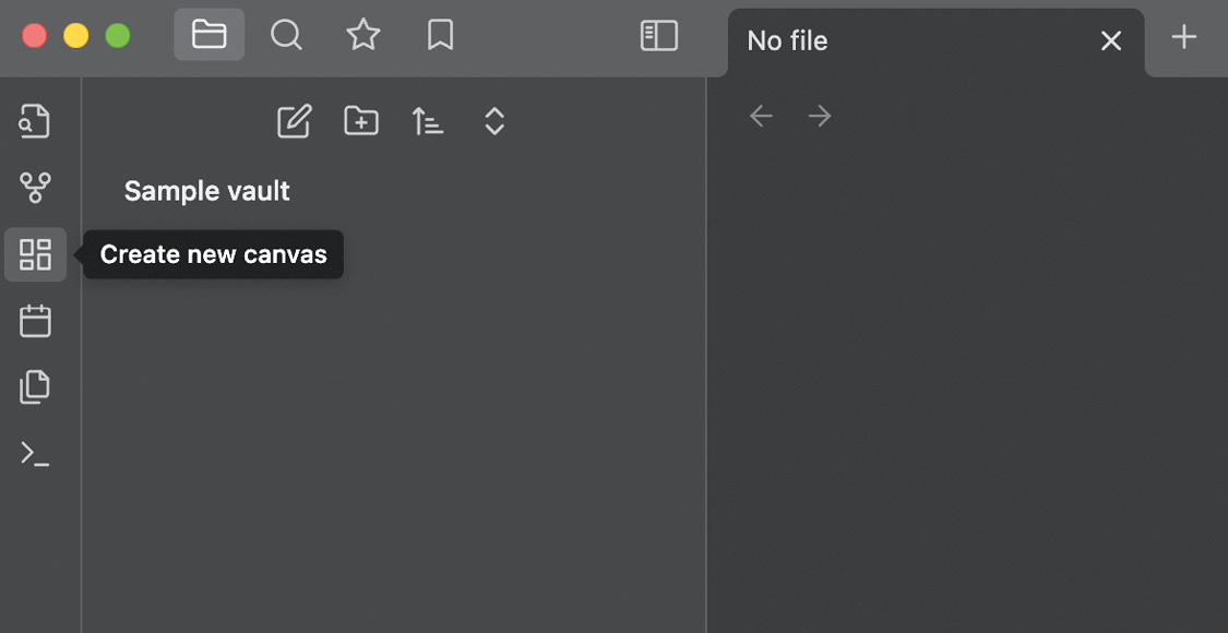 Obsidian 左侧工具栏的截图，展示了创建新画布按钮