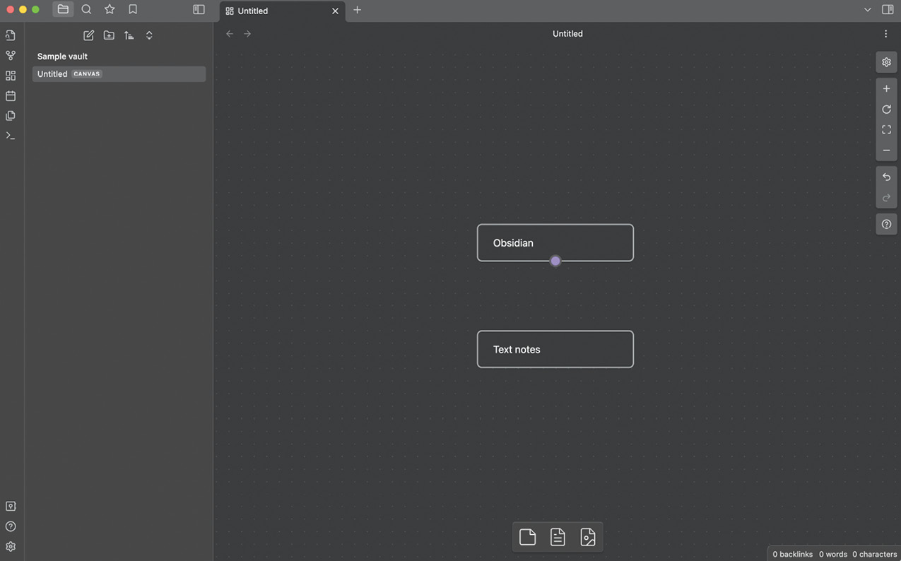 Obsidian 的画布视图：屏幕上有三个框，分别标记为 Obsidian、Text notes 和 Conceptual nodes。标记为 Obsidian 的框有连线连接到其他两个框。其中一条连线在中间包含短语 can capture