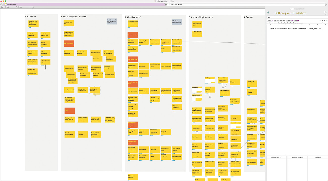 Tinderbox应用程序显示黄色和橙色框，看起来像便签，在灰色矩形的区域上。
