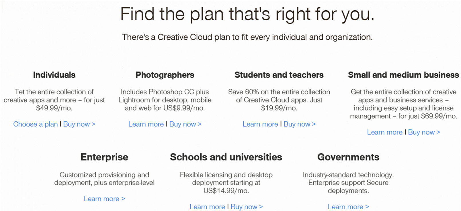 该图描绘了Adobe创意云针对个人、摄影师、学生和教师、中小型企业、大型企业、学校和大学以及政府的信息传达。
