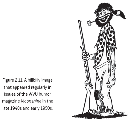 图2.11. 1940年代末和1950年代初，这个乡巴佬形象定期出现在西弗吉尼亚大学幽默杂志《私酿酒》的各期中。