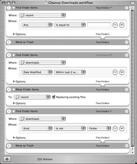 图4-3. Mac OS X Automator 中的”删除旧下载”工作流