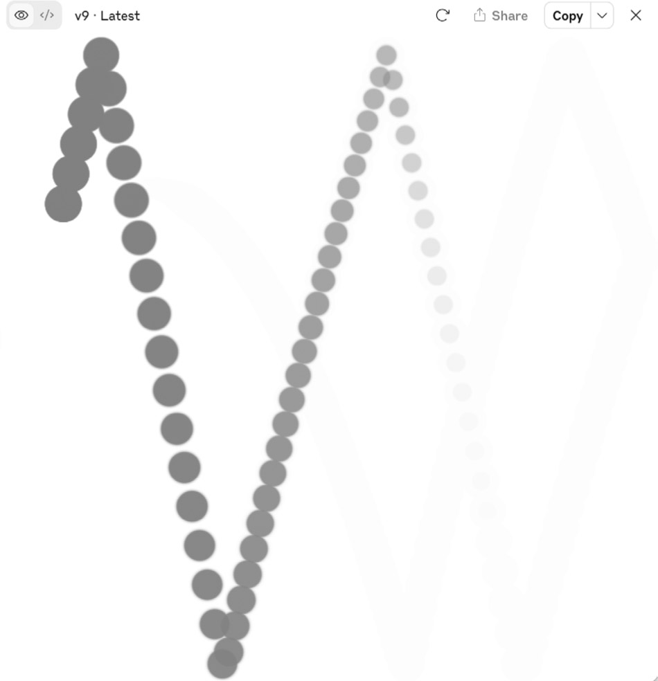 A series of gray dots arranged in a zigzag pattern, forming a V-like shape.