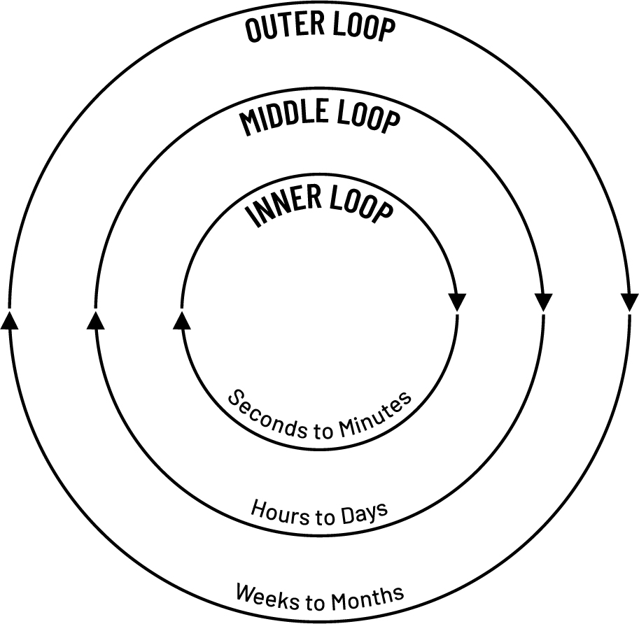 嵌套的内循环、中循环和外循环示意图，显示从数秒到数分钟、数小时到数天、数周到数月的周期。